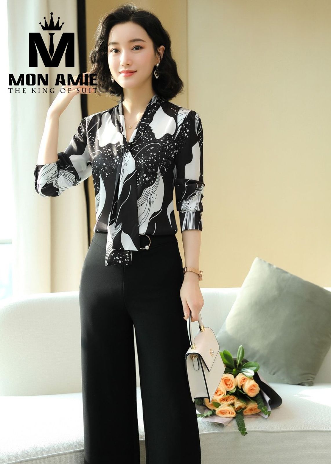 V Neck Black And White Pattern Silk Shirt 